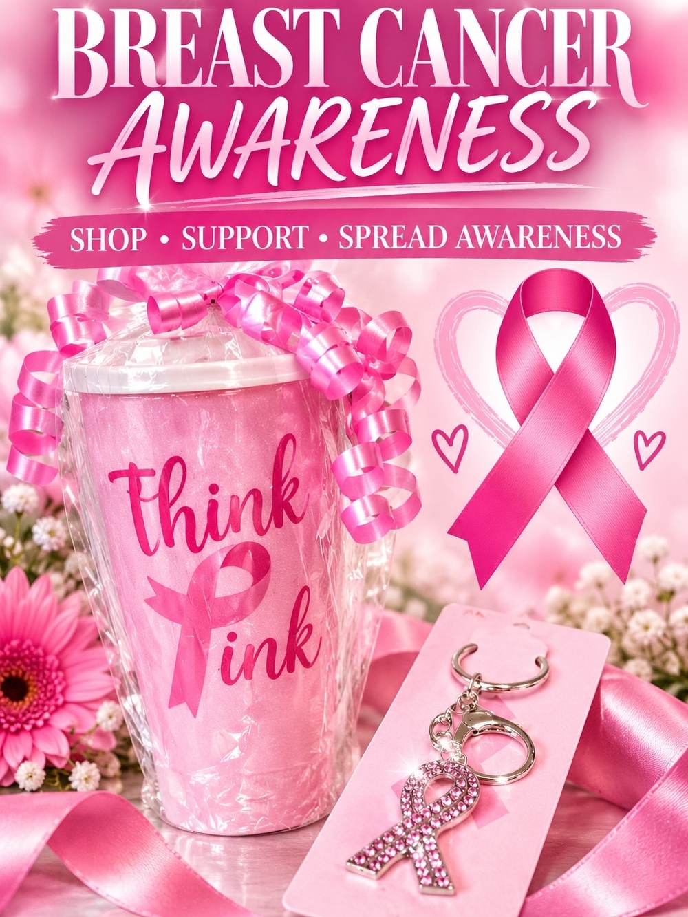 Breast Cancer Awareness Pink Ribbon Tumbler/Keychain Gift Set